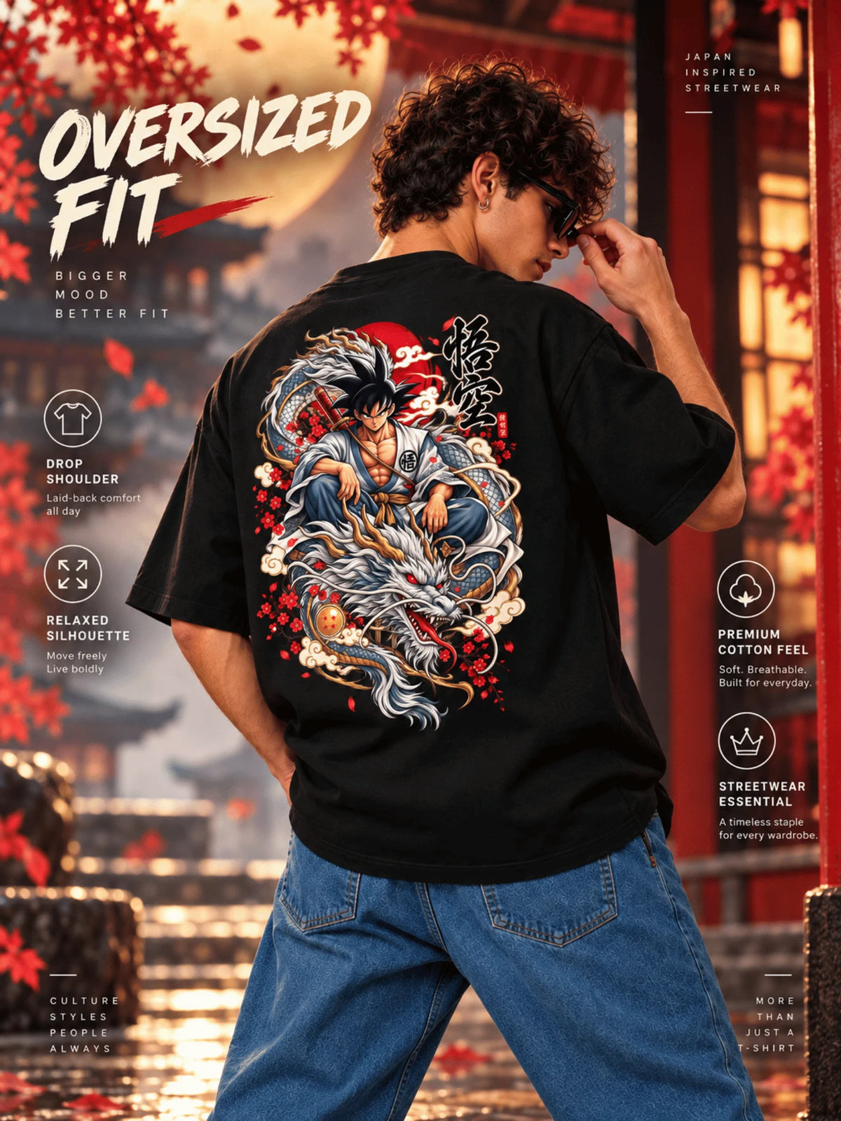 Excello Men's  Anime Dragon Graphic Oversized T-Shirt | Black