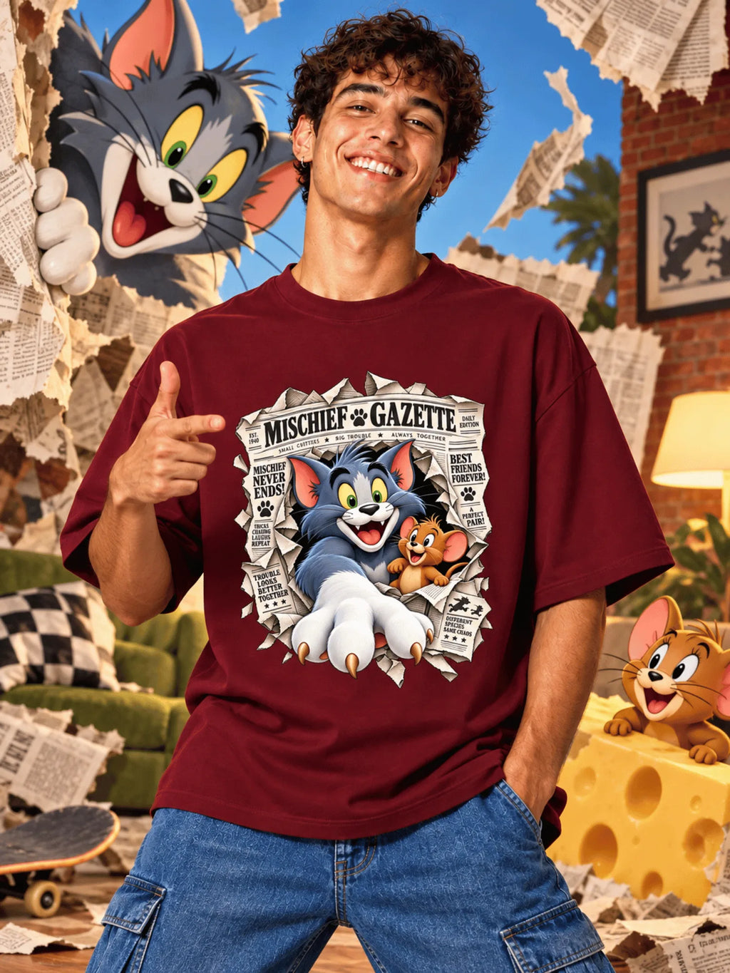 Excello Men's Mischief Gazette Graphic Oversized T-Shirt - Premium Cotton | Maroon