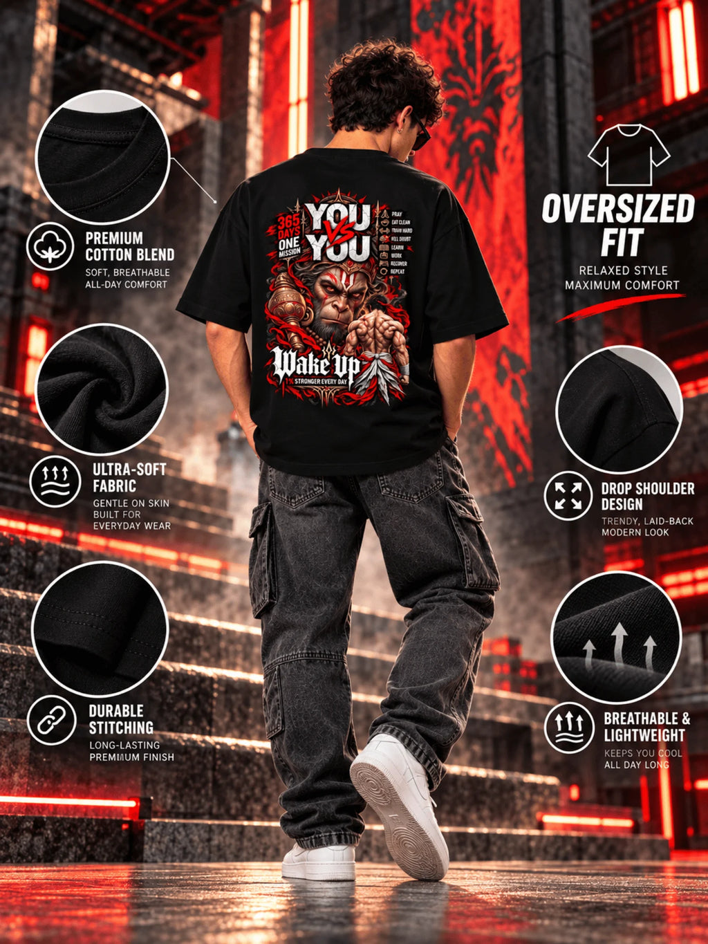 Excello Men's 'You vs You' Hanuman Graphic Oversized T-Shirt | Black