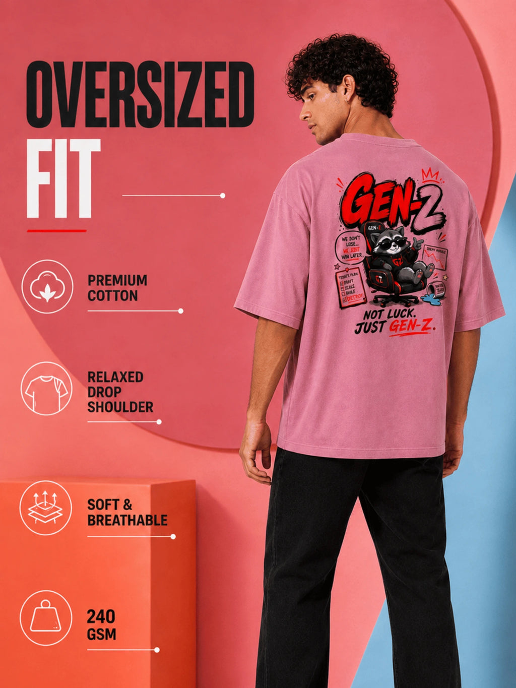 Excello Men's 'Gen-Z Raccoon' Gamer Graphic Oversized T-Shirt | Rose Pink