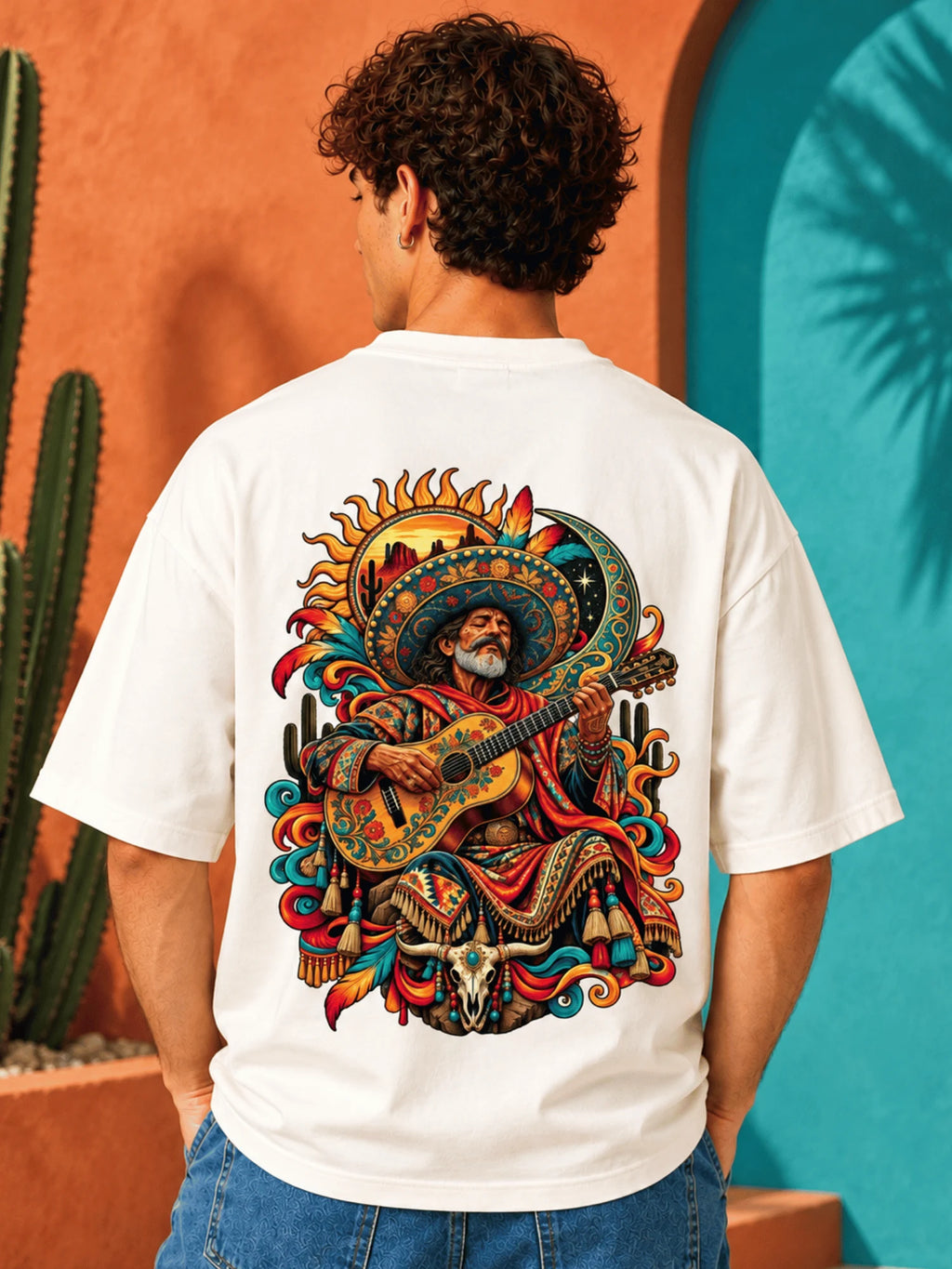 Excello Men's Mexican Musician Graphic Oversized T-Shirt | Off White