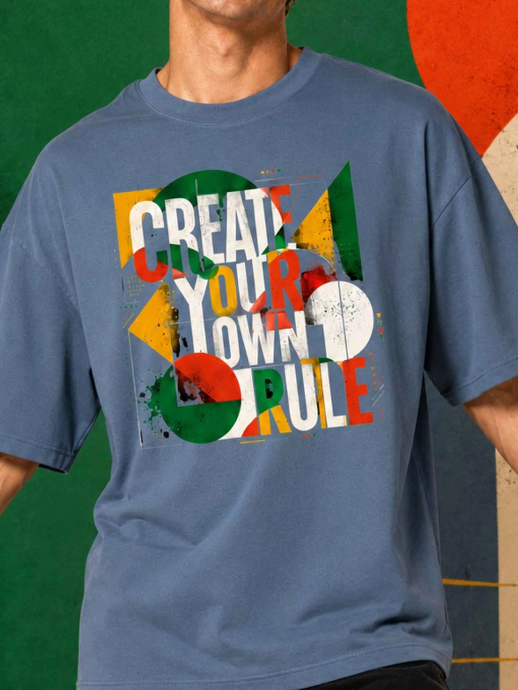 Excello Men's 'Create Your Own Rule' Abstract Graphic Oversized T-Shirt | Steel Blue