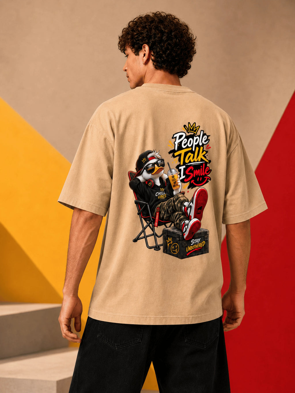 Excello Men's 'People Talk I Smile' Chill Duck Graphic Oversized T-Shirt | Beige