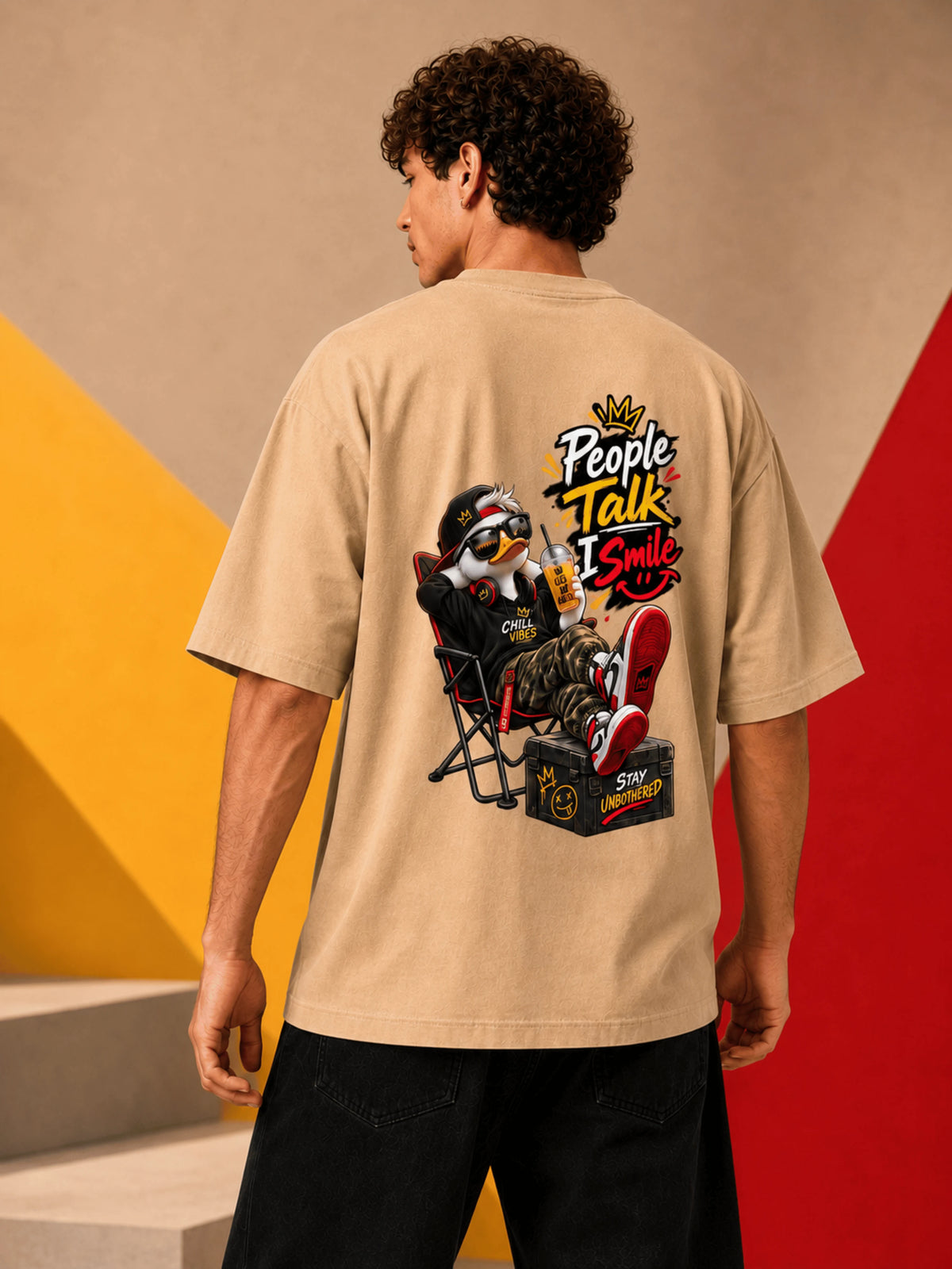 Excello Men's 'People Talk I Smile' Chill Duck Graphic Oversized T-Shirt | Beige