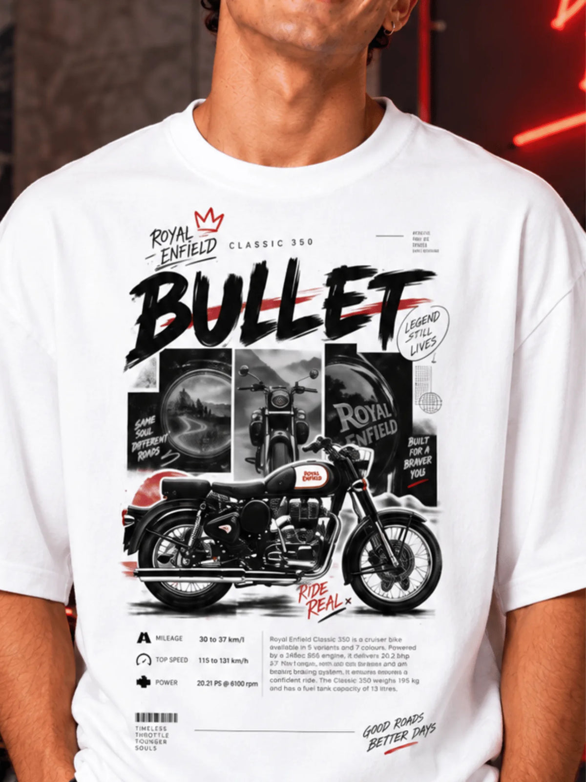 Excello Men's Royal Enfield Bullet 350 Graphic Oversized T-Shirt | White