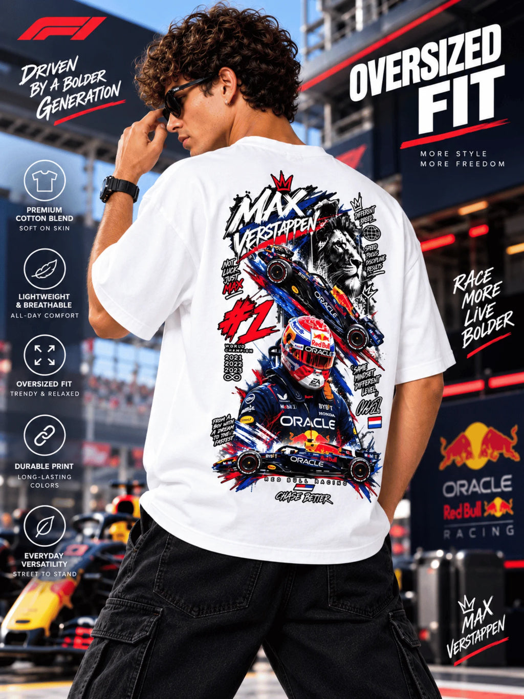 Excello Men's Max Verstappen Racing Graphic Oversized T-Shirt | White
