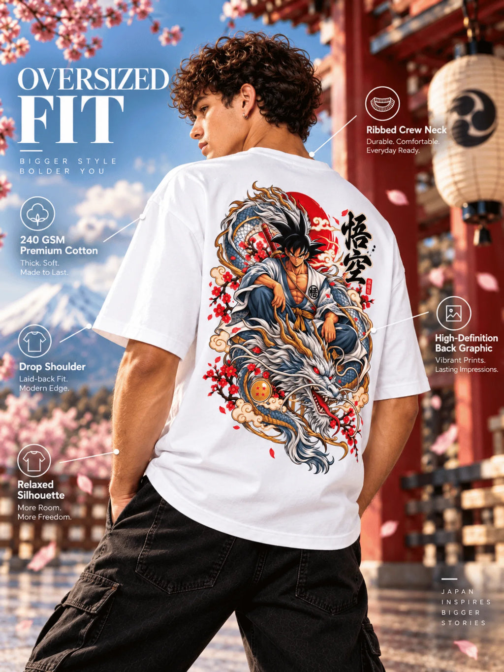 Excello Men's  Anime Dragon Graphic Oversized T-Shirt | White