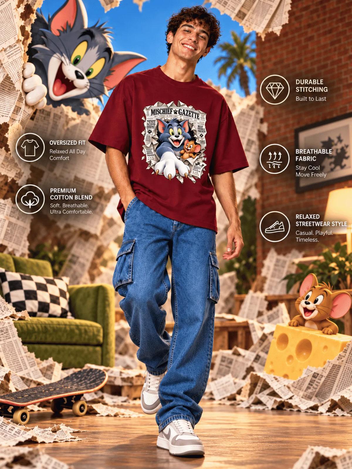 Excello Men's Mischief Gazette Graphic Oversized T-Shirt - Premium Cotton | Maroon