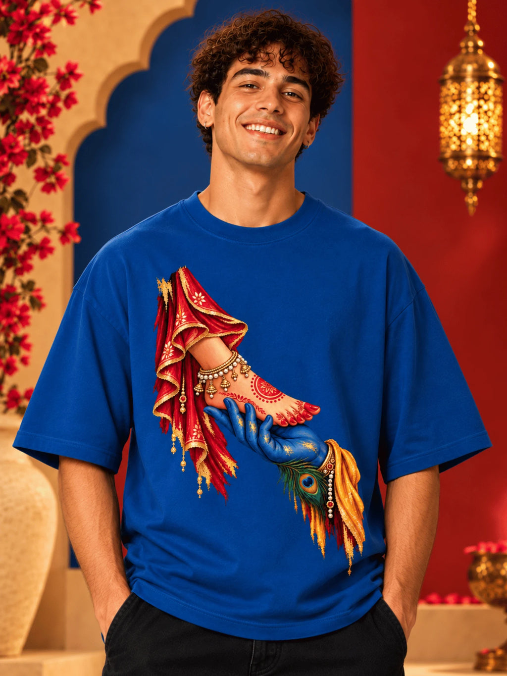 Excello Men's Divine Radha Krishna Love Graphic Oversized T-Shirt - 240 GSM | AirForce Blue