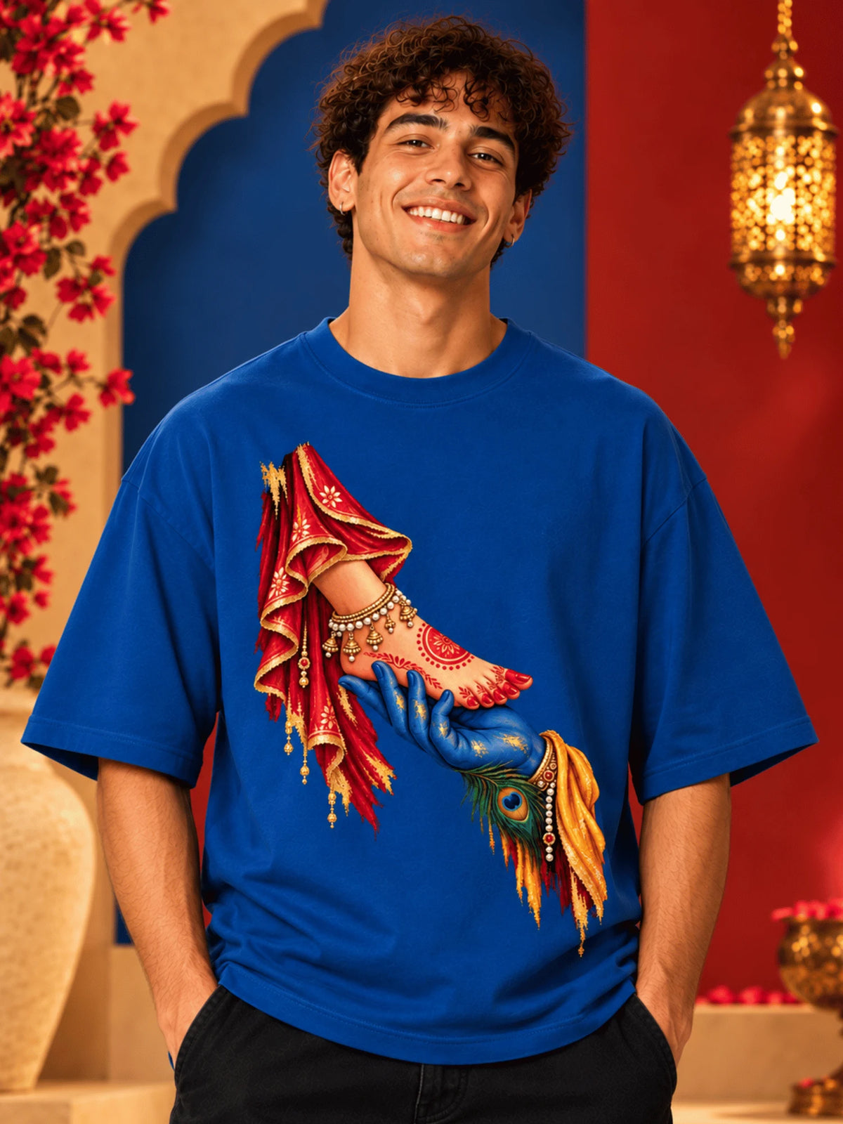 Excello Men's Divine Radha Krishna Love Graphic Oversized T-Shirt - 240 GSM | AirForce Blue
