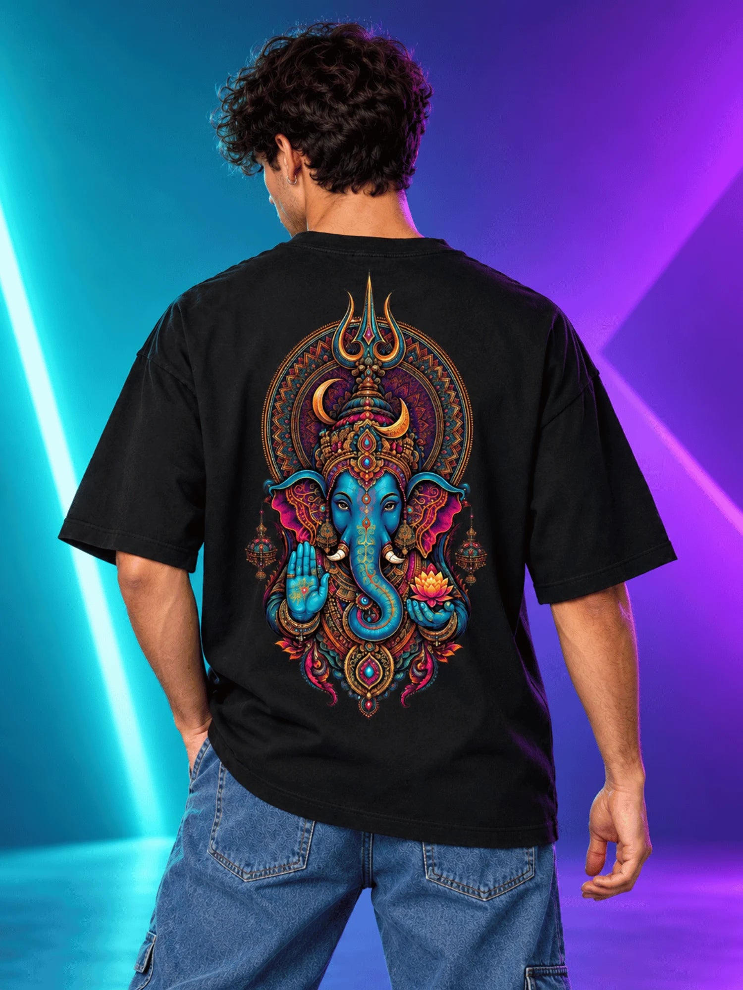 Excello Men's Divine Ganesha Trishul Graphic Oversized T-Shirt - 240 GSM Pure Cotton, Bio-Washed-Black