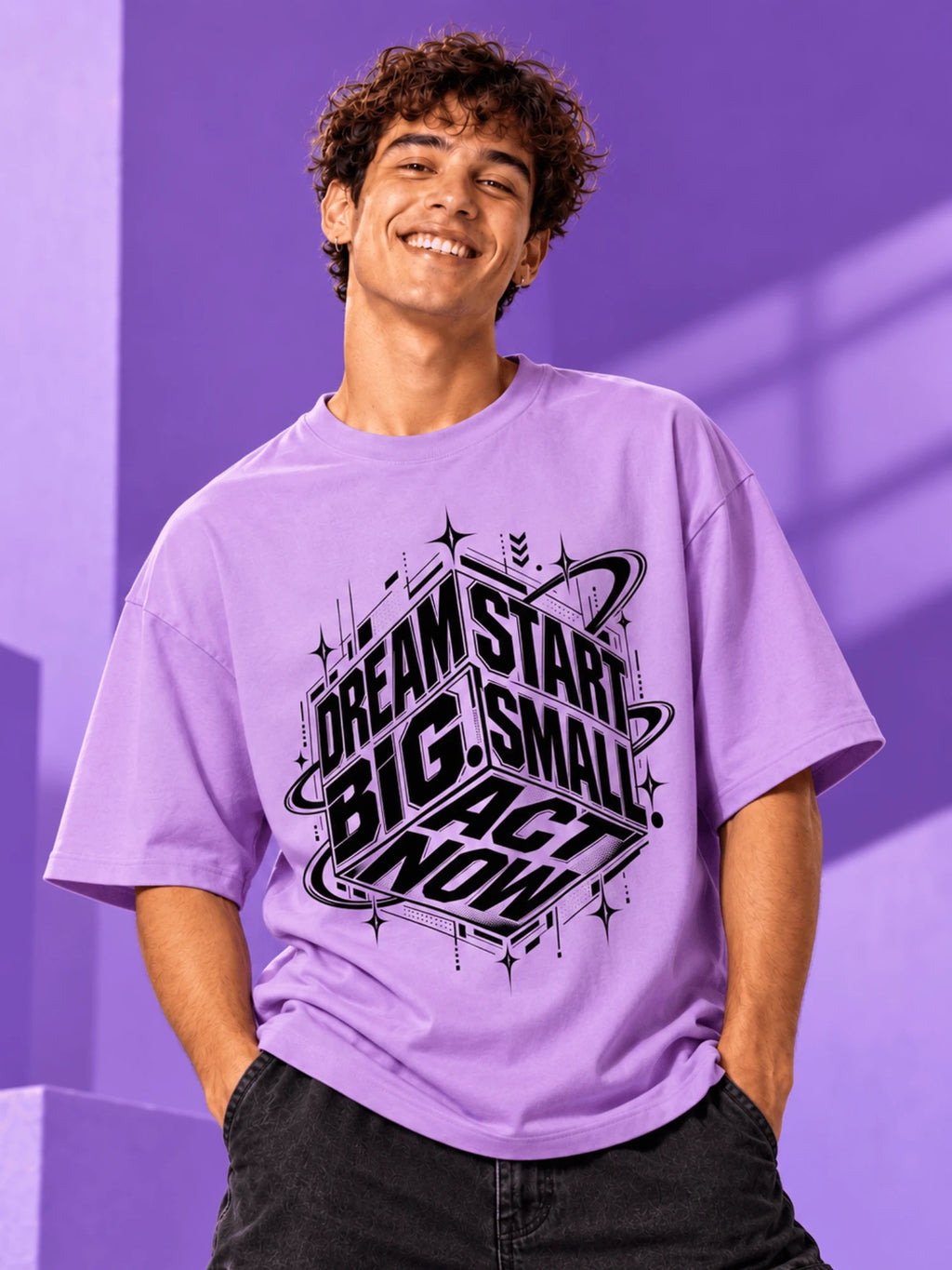 Excello Men's 'Dream Big' Motivational Graphic Oversized T-Shirt | Lavender