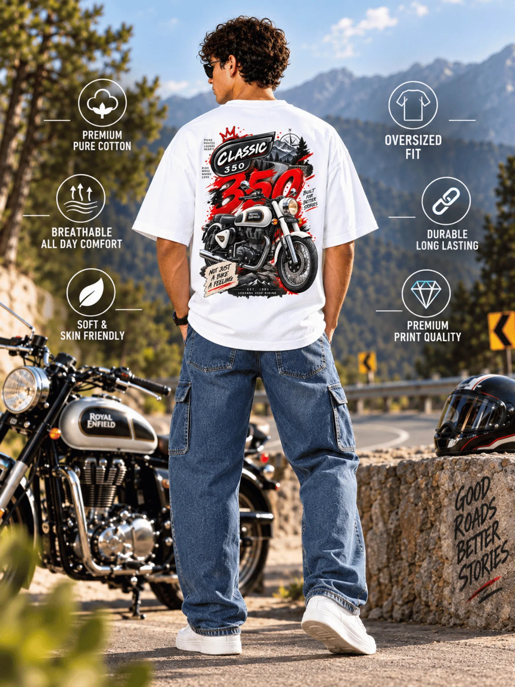 Excello Men's Royal Enfield Classic 350 Graphic Oversized T-Shirt | White