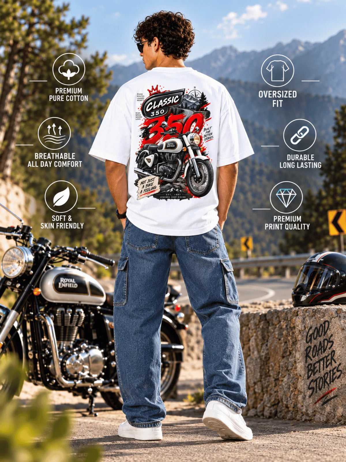 Excello Men's Royal Enfield Classic 350 Graphic Oversized T-Shirt | White