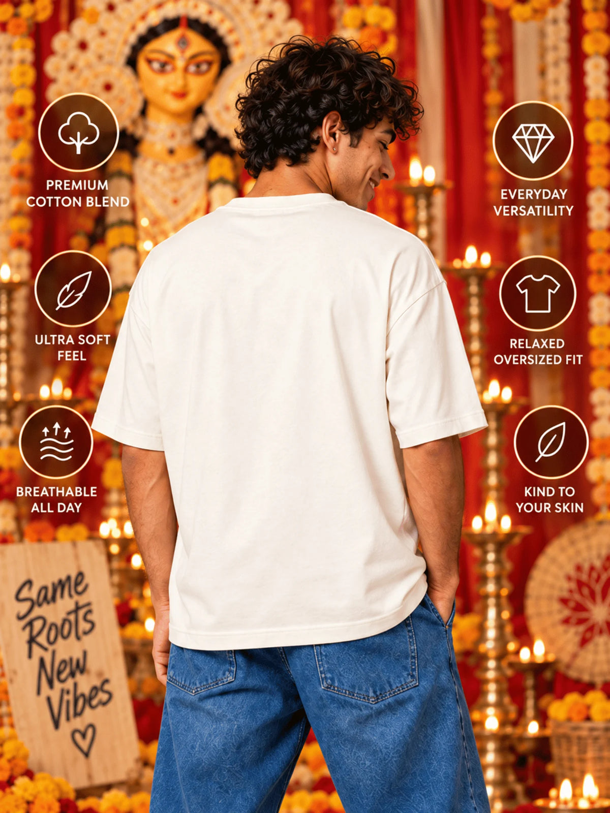 Excello Men's Shubh Navratri Graphic Oversized T-Shirt | Off White