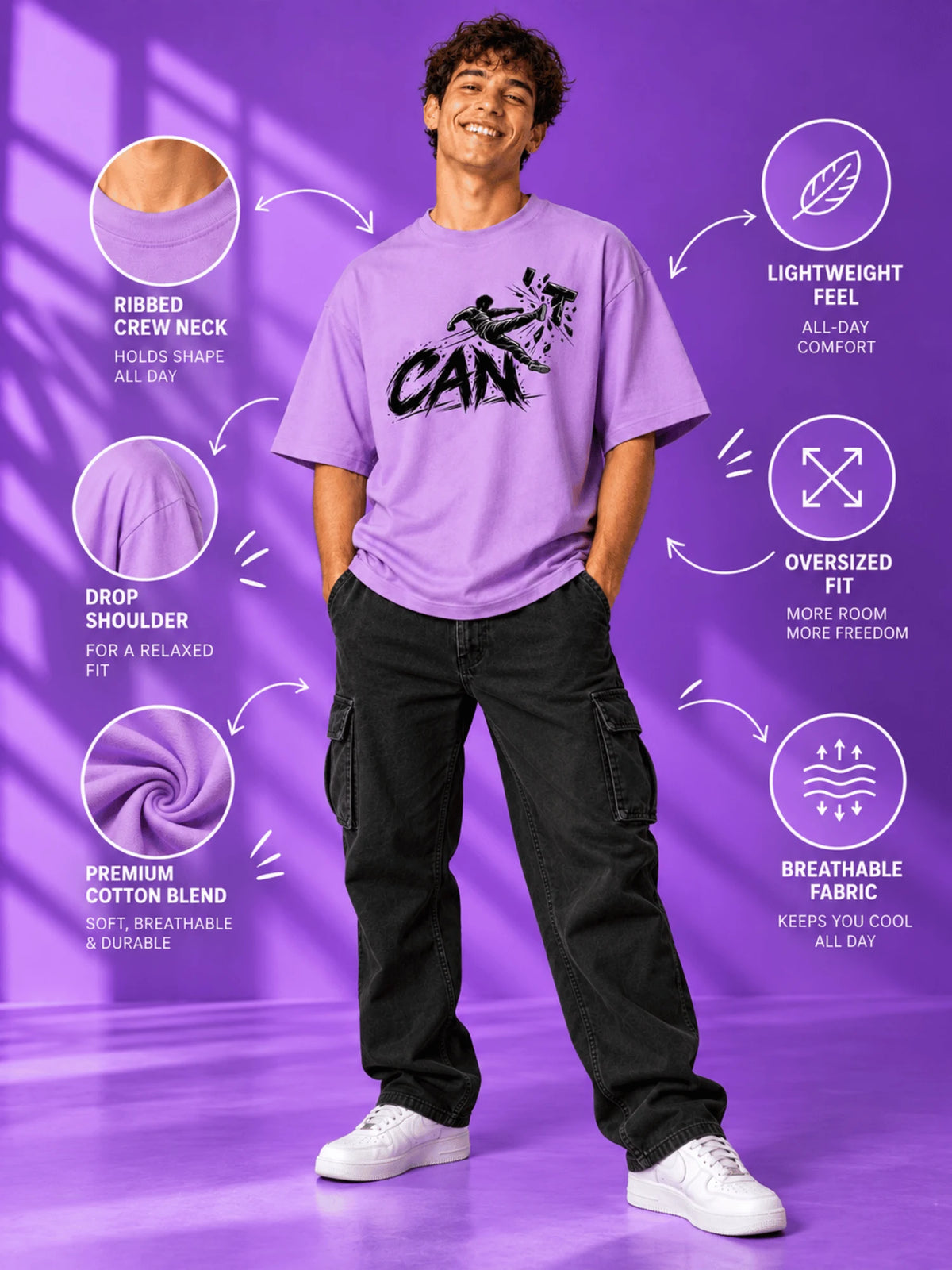 Excello Men's 'I Can' Motivational Graphic Oversized T-Shirt | Lavender
