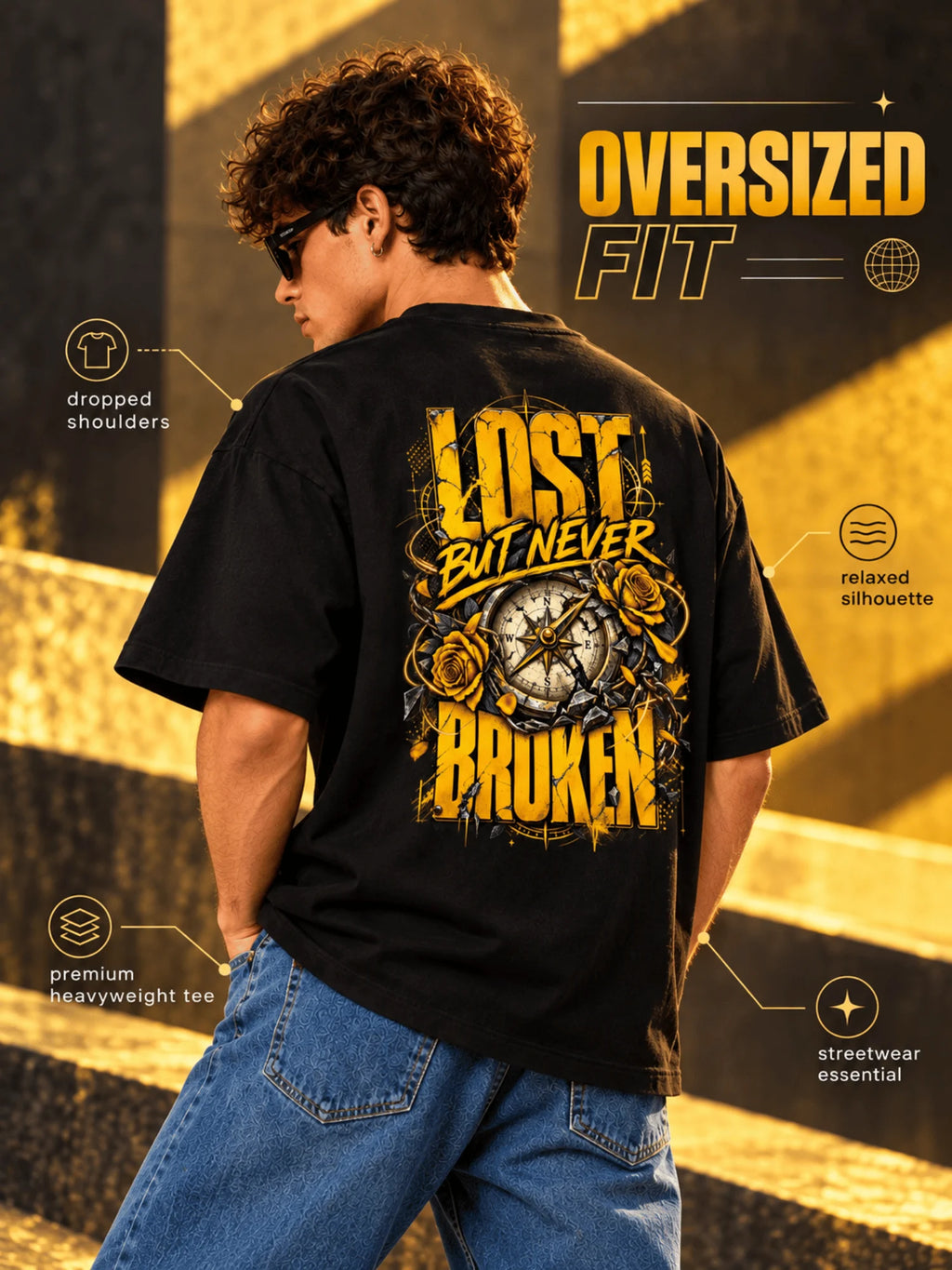 Excello Men's 'Lost But Never Broken' Compass Graphic Oversized T-Shirt | Black