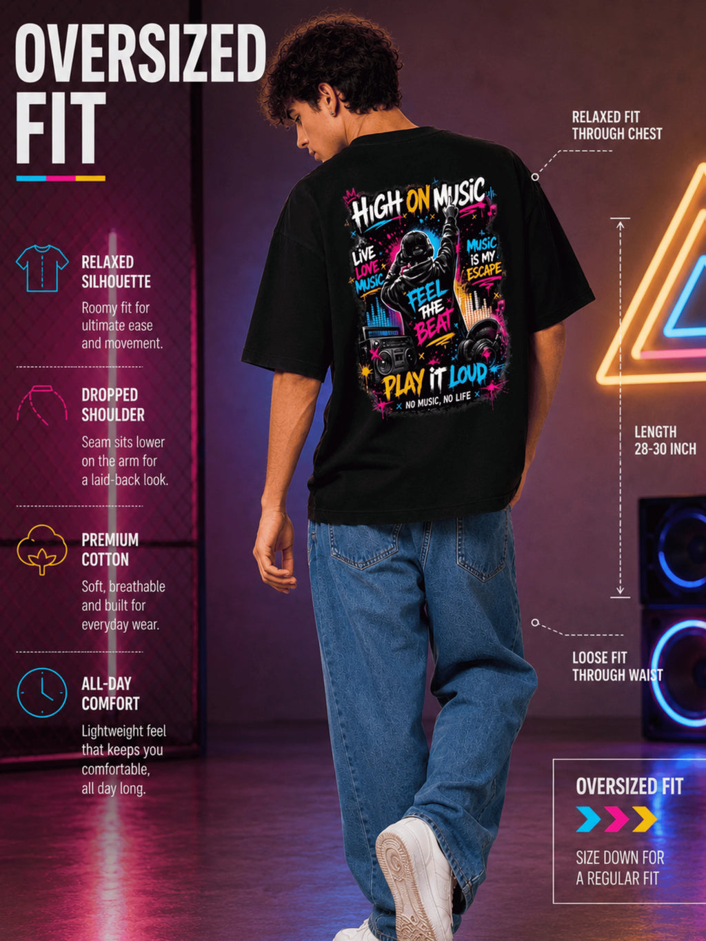 Excello Men's 'High On Music' Neon Graphic Oversized T-Shirt | Black