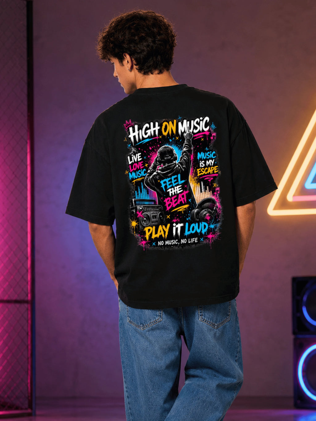 Excello Men's 'High On Music' Neon Graphic Oversized T-Shirt | Black