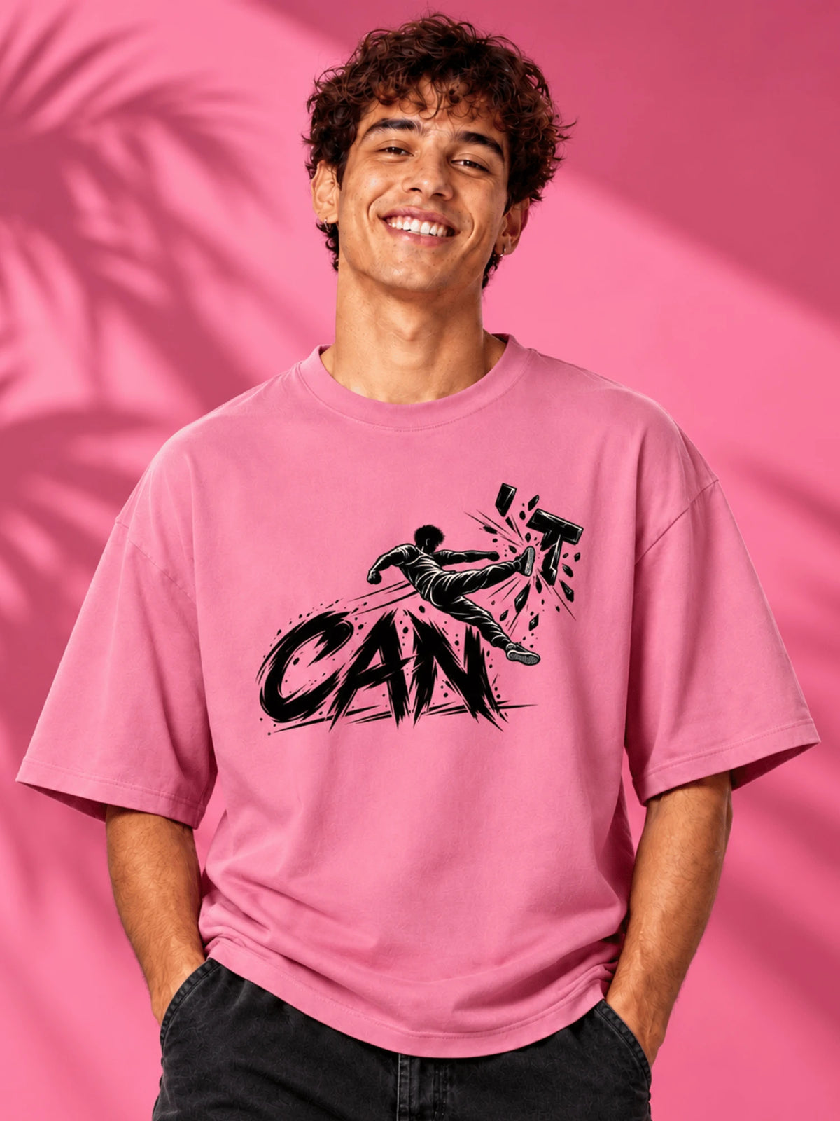 Excello Men's 'I Can' Motivational Graphic Oversized T-Shirt |  Rose Pink