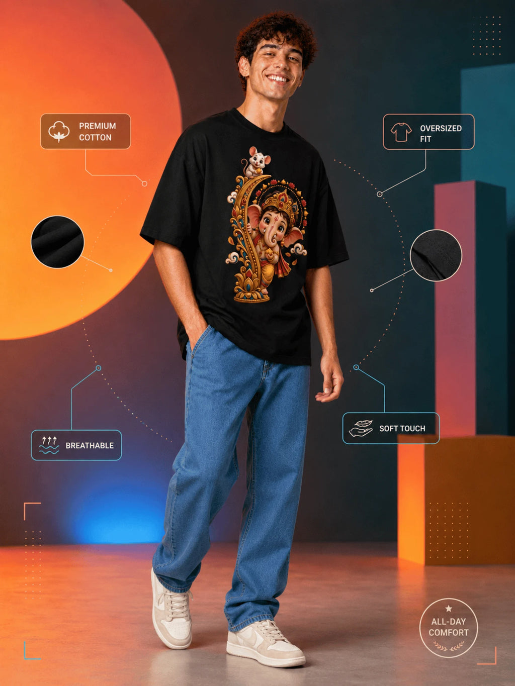 Excello Men's Playful Bal Ganesha & Mushak Graphic Oversized T-Shirt - 240 GSM Pure Cotton, Bio-Washed-Black