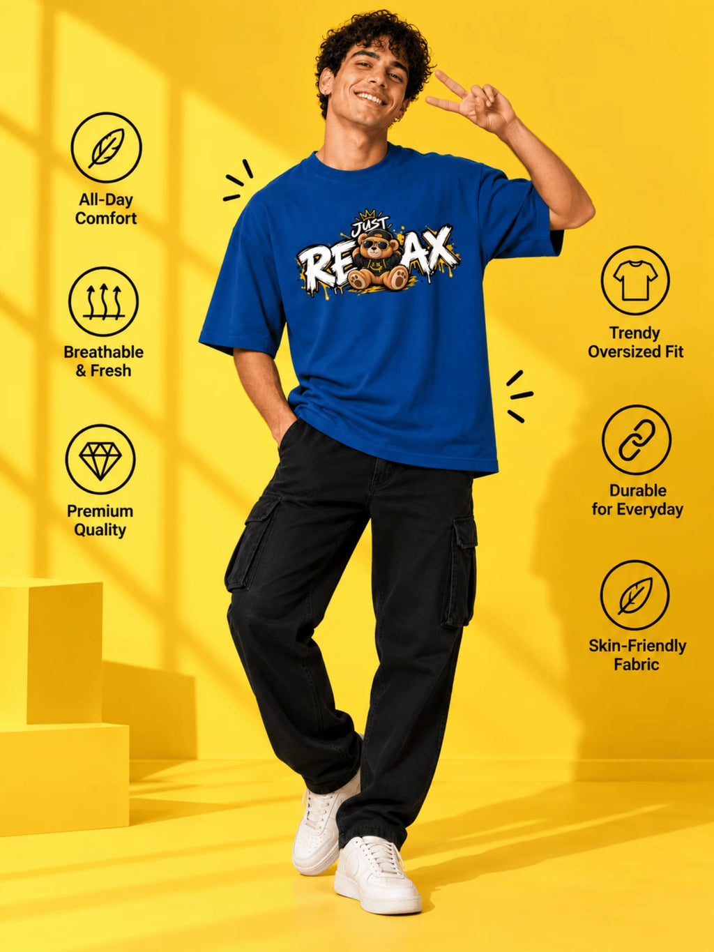 Excello Men's 'Just Relax' Teddy Bear Graphic Oversized T-Shirt | Air Force Blue