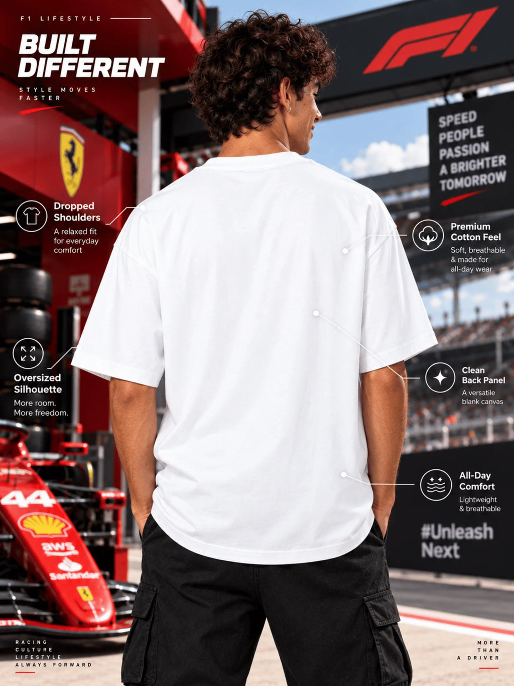 Excello Men's Lewis Hamilton 44 Scuderia Ferrari Graphic Oversized T-Shirt | White