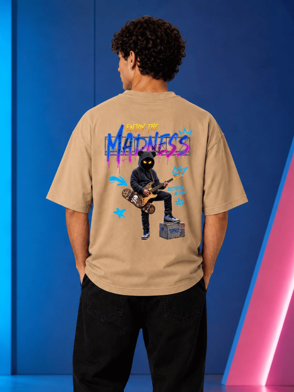 Excello Men's 'Enjoy The Madness' Graffiti Graphic Oversized T-Shirt | Beige