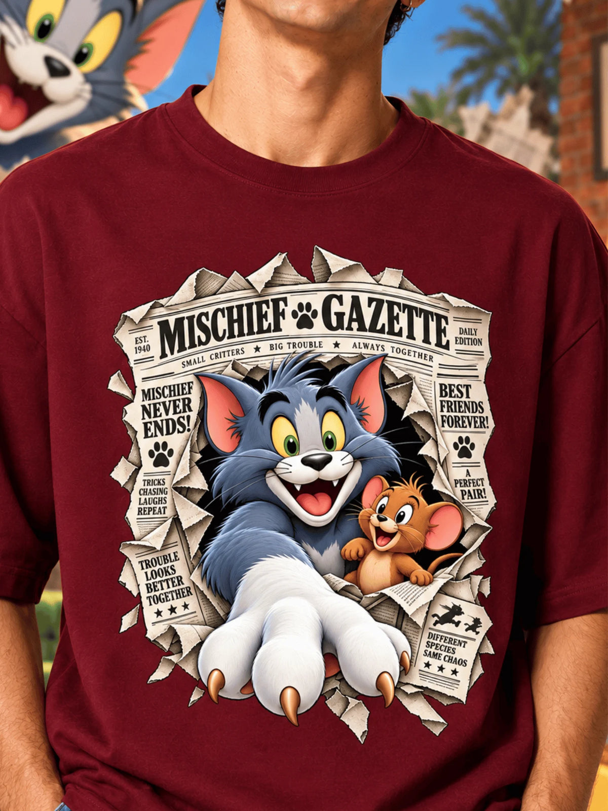 Excello Men's Mischief Gazette Graphic Oversized T-Shirt - Premium Cotton | Maroon
