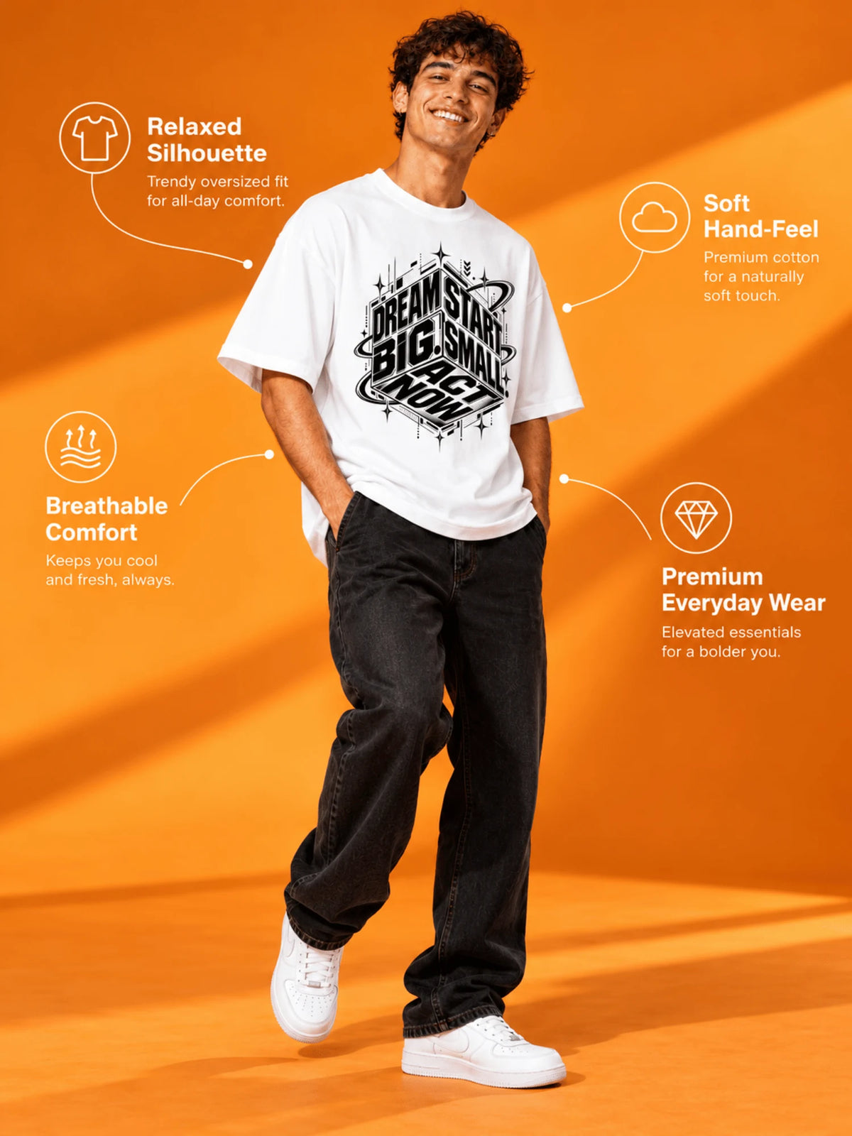 Excello Men's 'Dream Big' Motivational Graphic Oversized T-Shirt | White