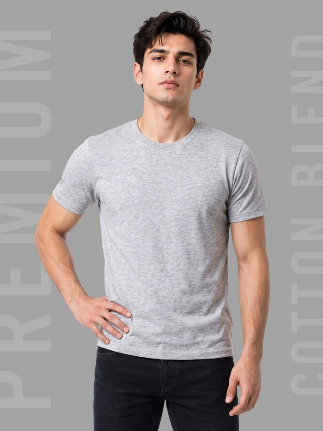 Excello Men's Cotton Blend Bio-Wash Plain  Regular Fit Round Neck T-Shirt  | Grey & Black
