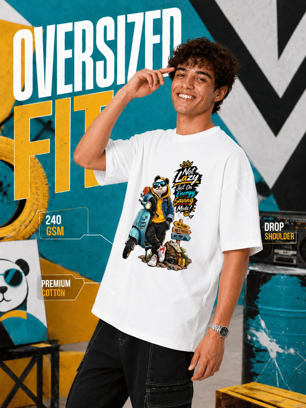 Excello Men's 'Not Lazy' Panda Graphic Oversized T-Shirt | White