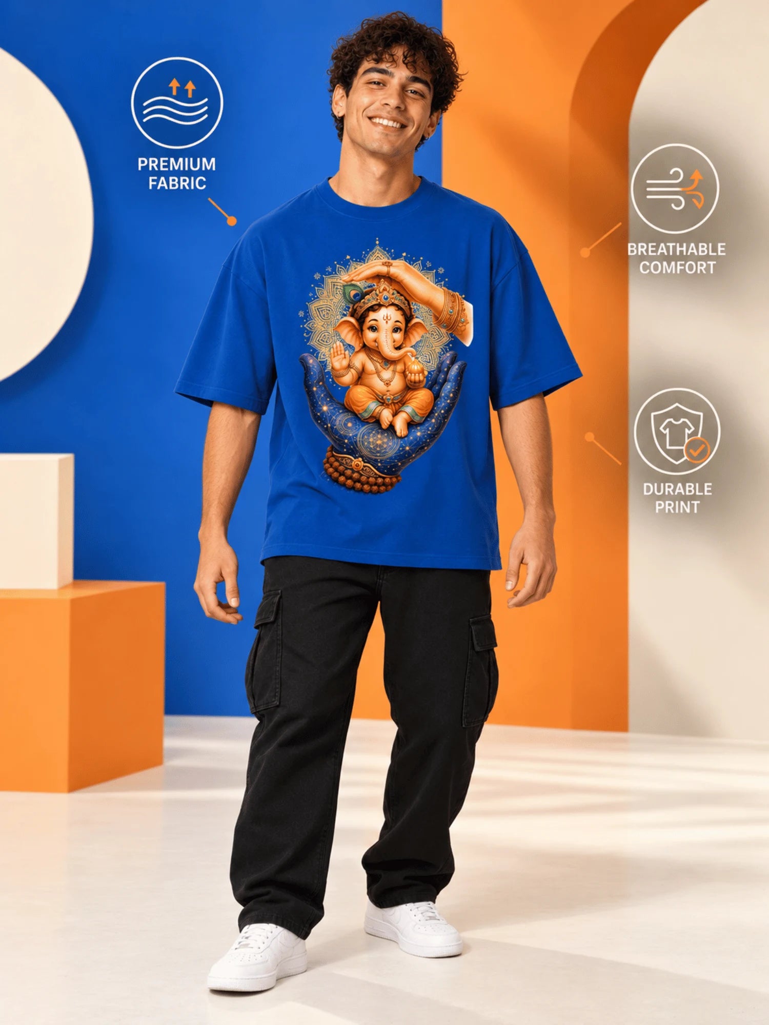 Excello Men's Divine Ganesha Blessing Graphic Oversized T-Shirt - 240 GSM Pure Cotton, Bio-Washed-AirForce Blue