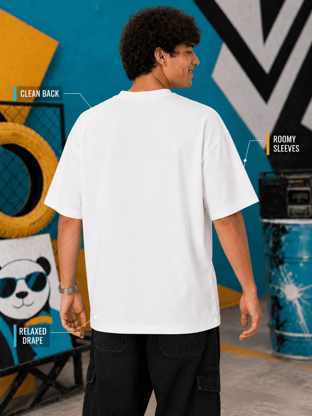 Excello Men's 'Not Lazy' Panda Graphic Oversized T-Shirt | White