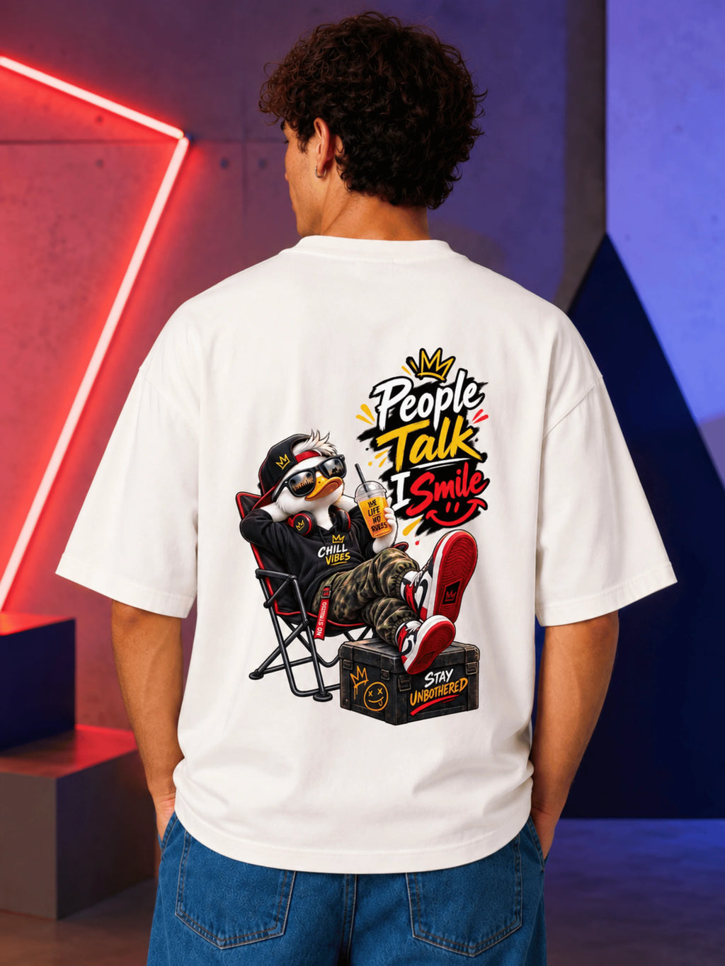 Excello Men's 'People Talk I Smile' Chill Duck Graphic Oversized T-Shirt | Off White