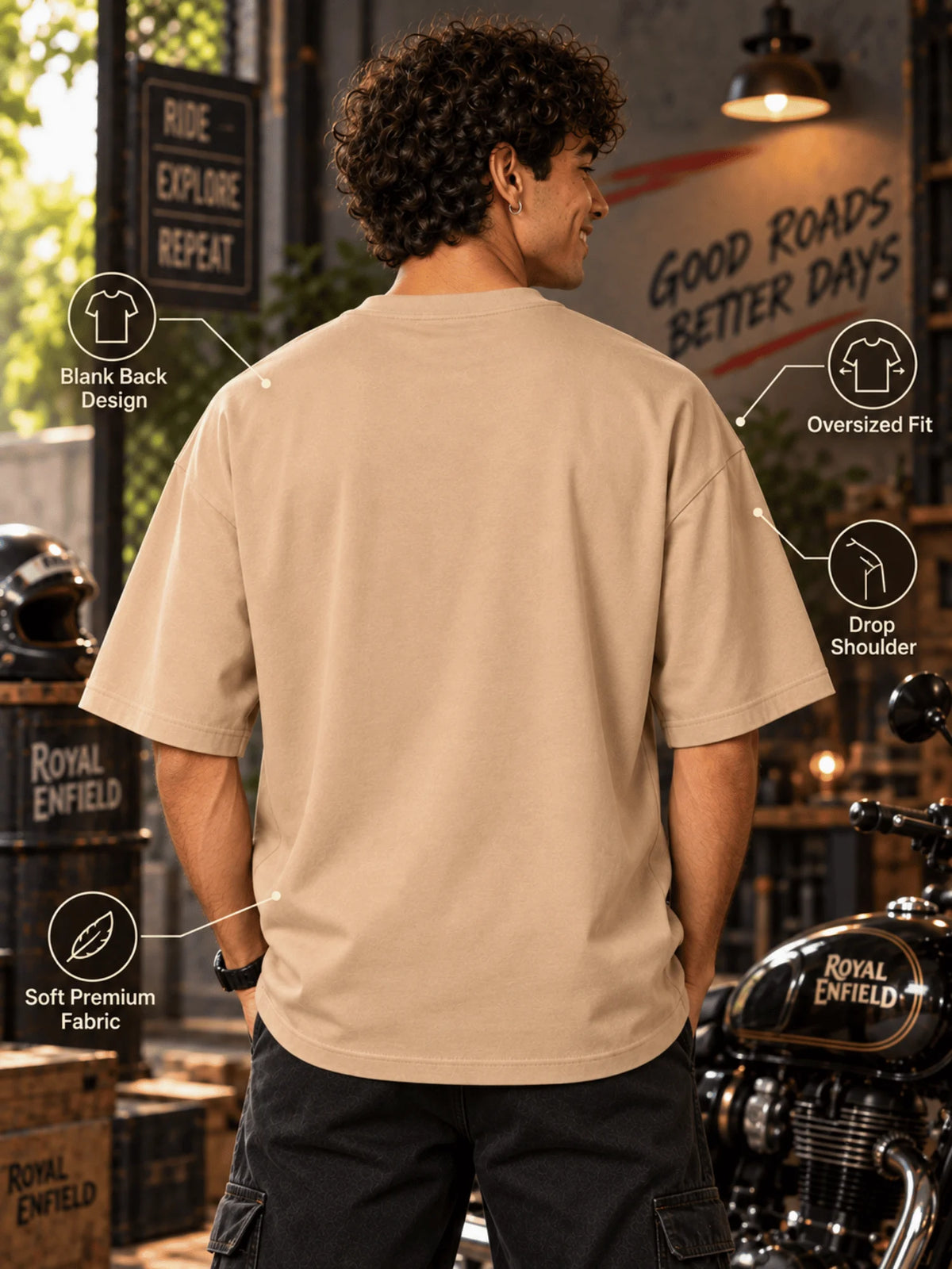 Excello Men's Royal Enfield Bullet 350 Graphic Oversized T-Shirt | Beige