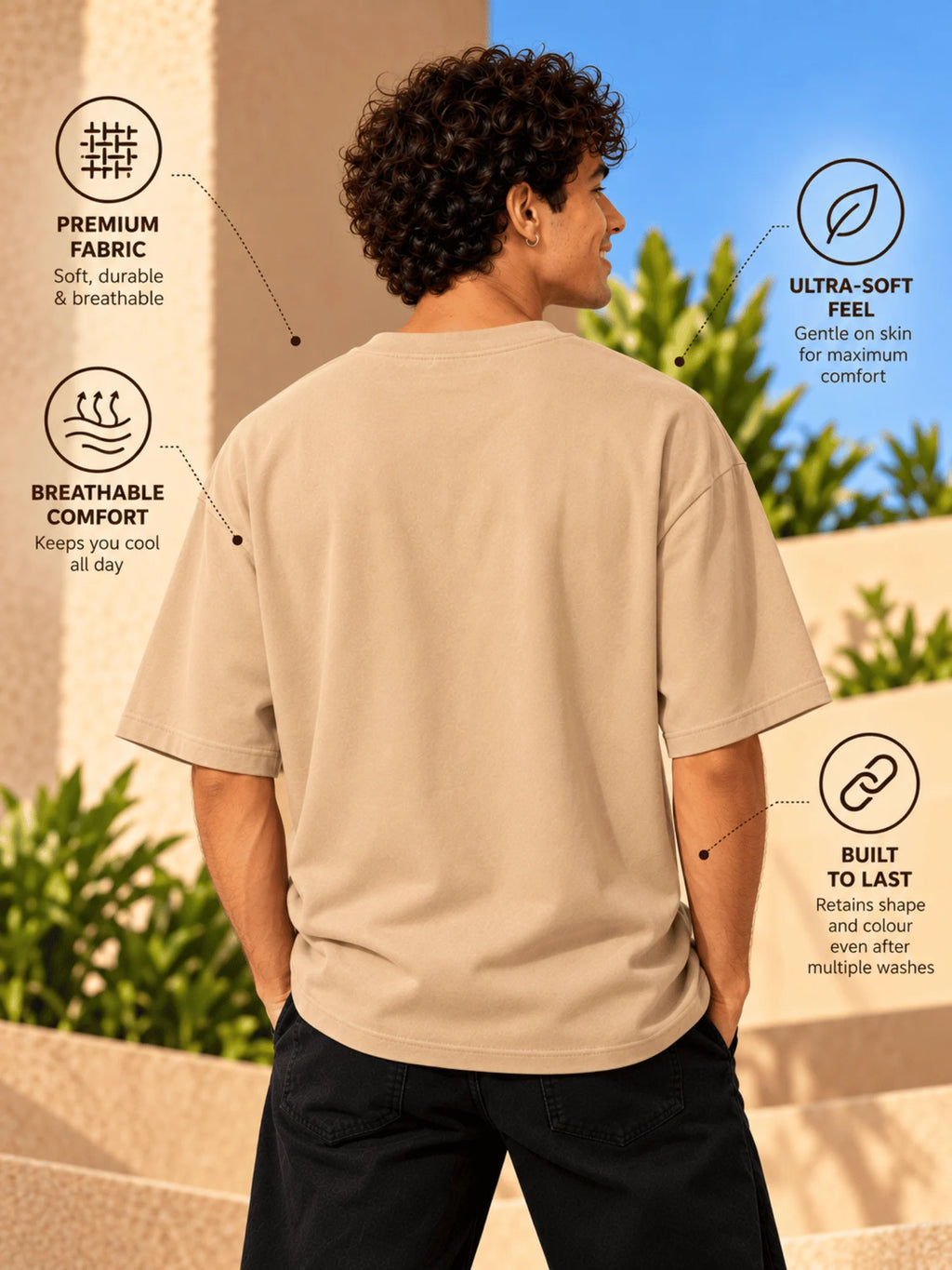 Excello Men's 'Work Hard' Motivational Typography Oversized T-Shirt |  Beige