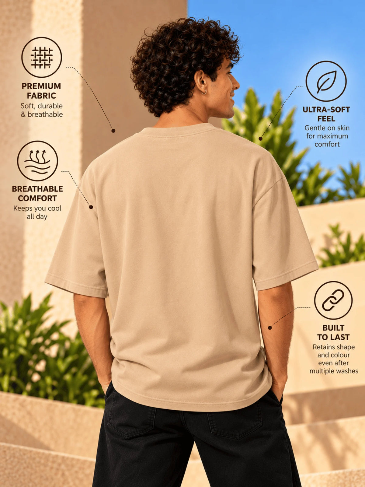 Excello Men's 'Work Hard' Motivational Typography Oversized T-Shirt |  Beige