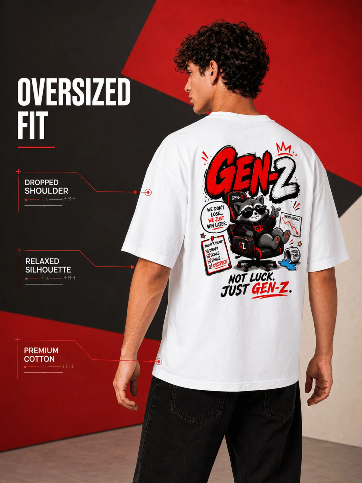 Excello Men's 'Gen-Z Raccoon' Gamer Graphic Oversized T-Shirt | White