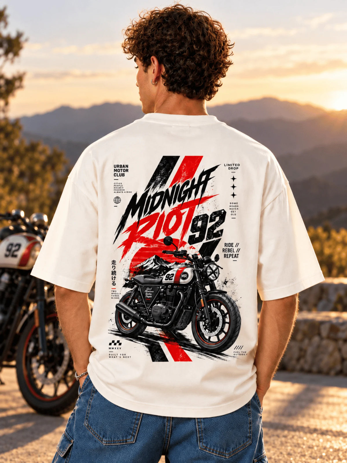Excello Men's 'Midnight Riot 92' Motorcycle Graphic Oversized T-Shirt | Off White