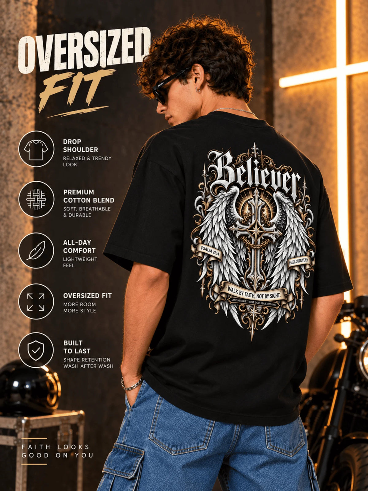 Excello Men's 'Believer' Cross & Wings Graphic Oversized T-Shirt | Black