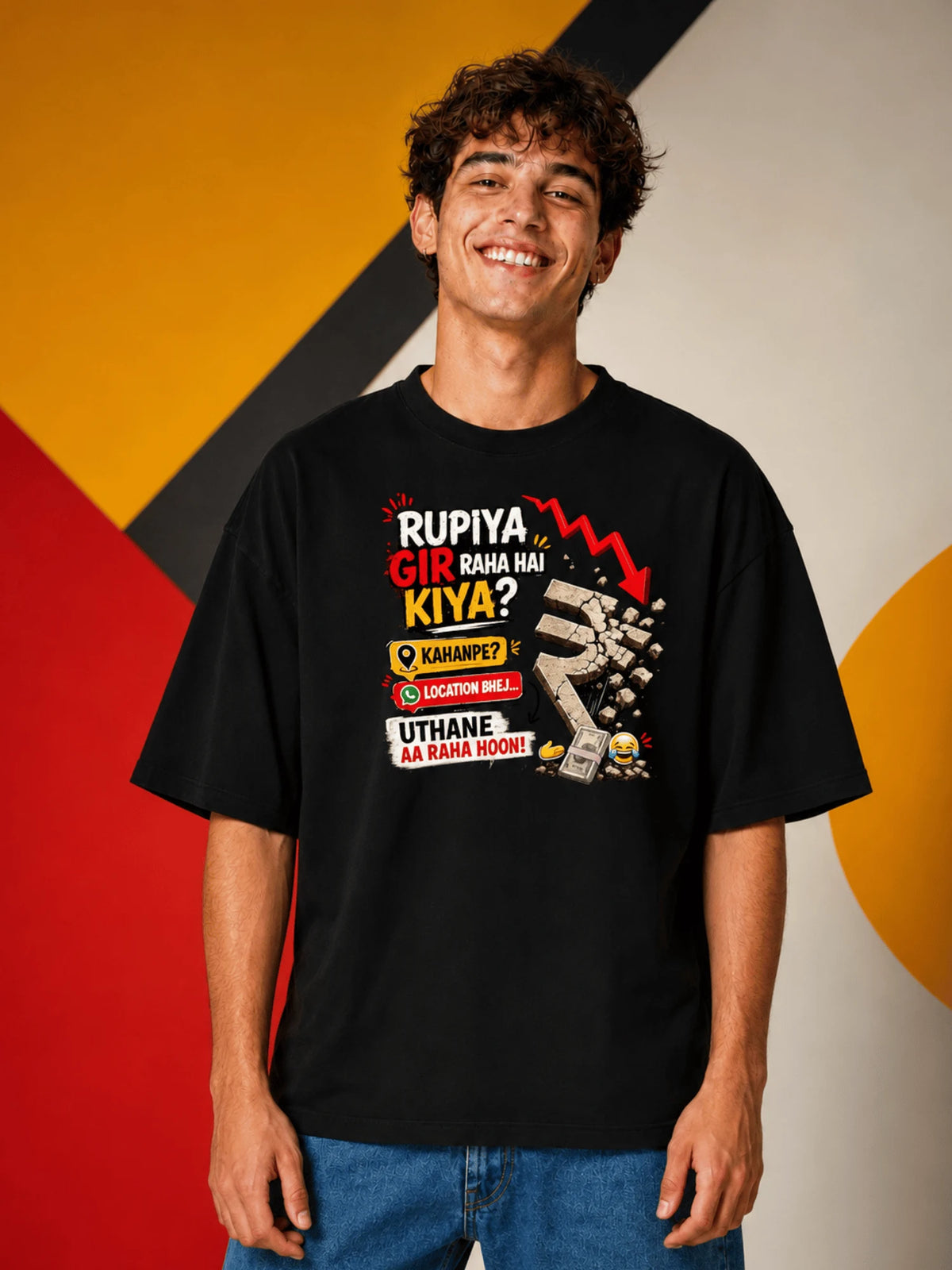 Excello Men's 'Rupiya Gir Raha Hai' Humorous Graphic Oversized T-Shirt| Black