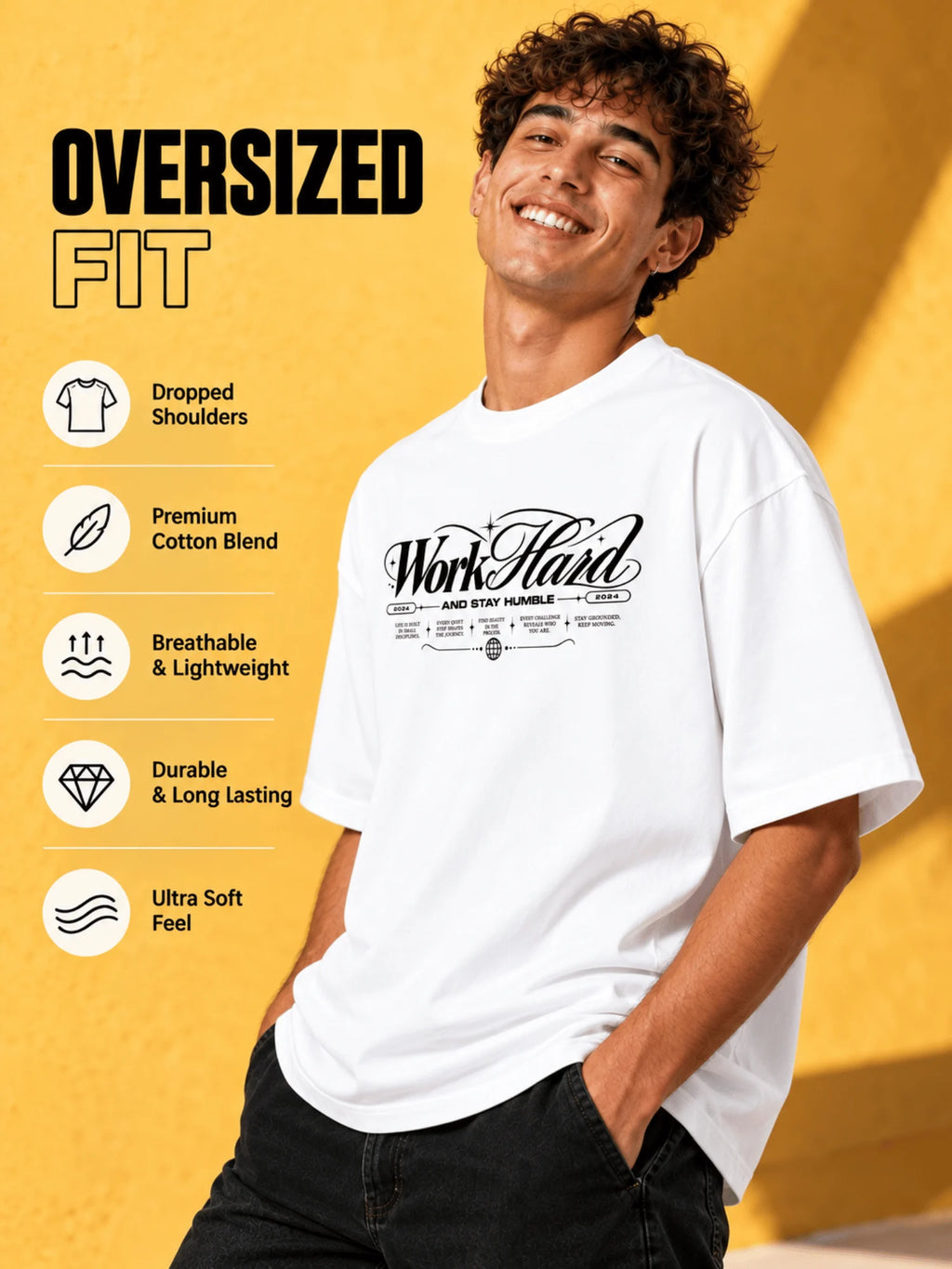 Excello Men's 'Work Hard' Motivational Typography Oversized T-Shirt |  White