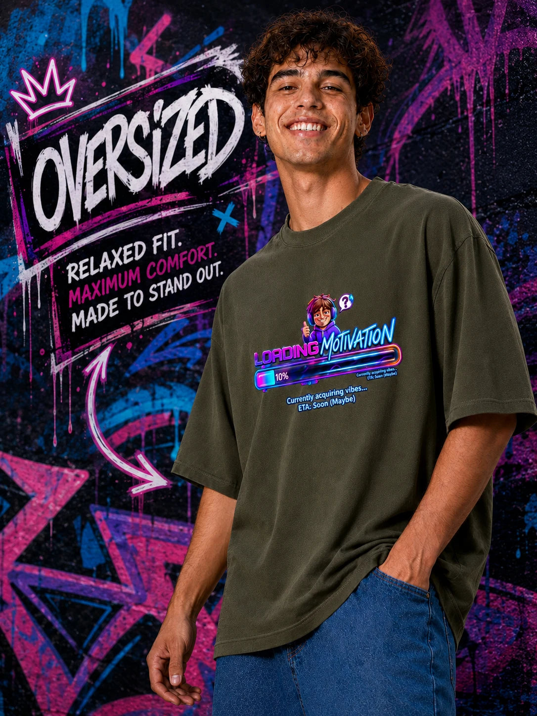 Excello Men's 'Loading Motivation' Gamer Graphic Oversized T-Shirt | Olive
