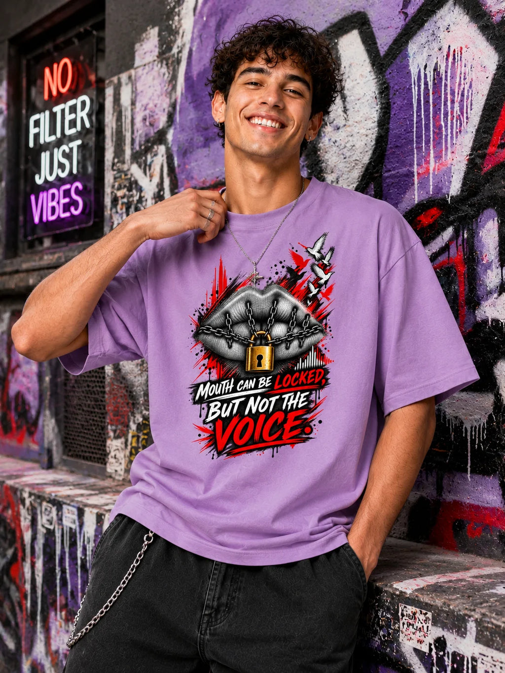 Excello Men's 'Unstoppable Voice' Typography Graphic Oversized T-Shirt | Lavender