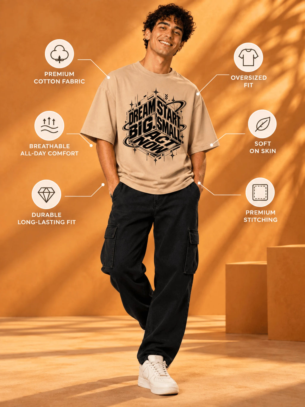 Excello Men's 'Dream Big' Motivational Graphic Oversized T-Shirt | Beige
