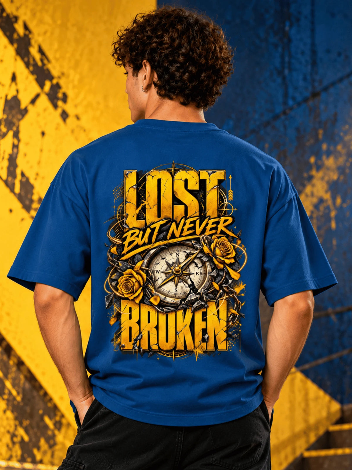 Excello Men's 'Lost But Never Broken' Compass Graphic Oversized T-Shirt | Air Force Blue