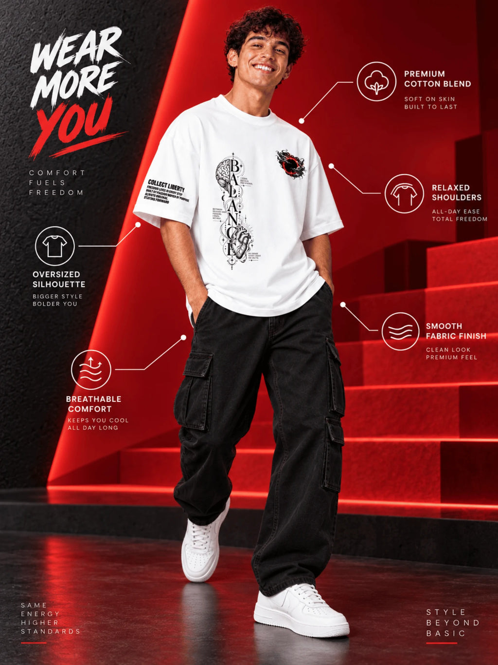Excello Men's 'Balance' Brain & Heart Graphic Oversized T-Shirt | White