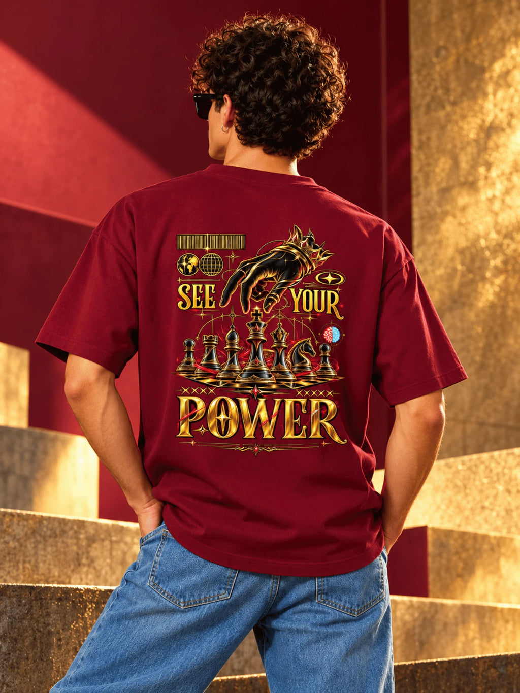Excello Men's 'See Your Power' Chess Graphic Oversized T-Shirt | Maroon