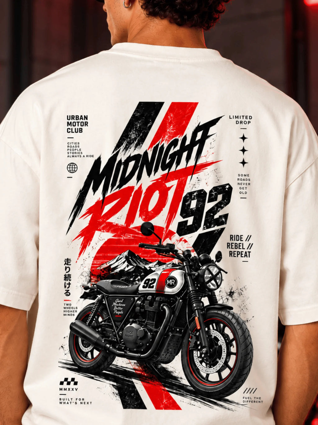 Excello Men's 'Midnight Riot 92' Motorcycle Graphic Oversized T-Shirt | Off White